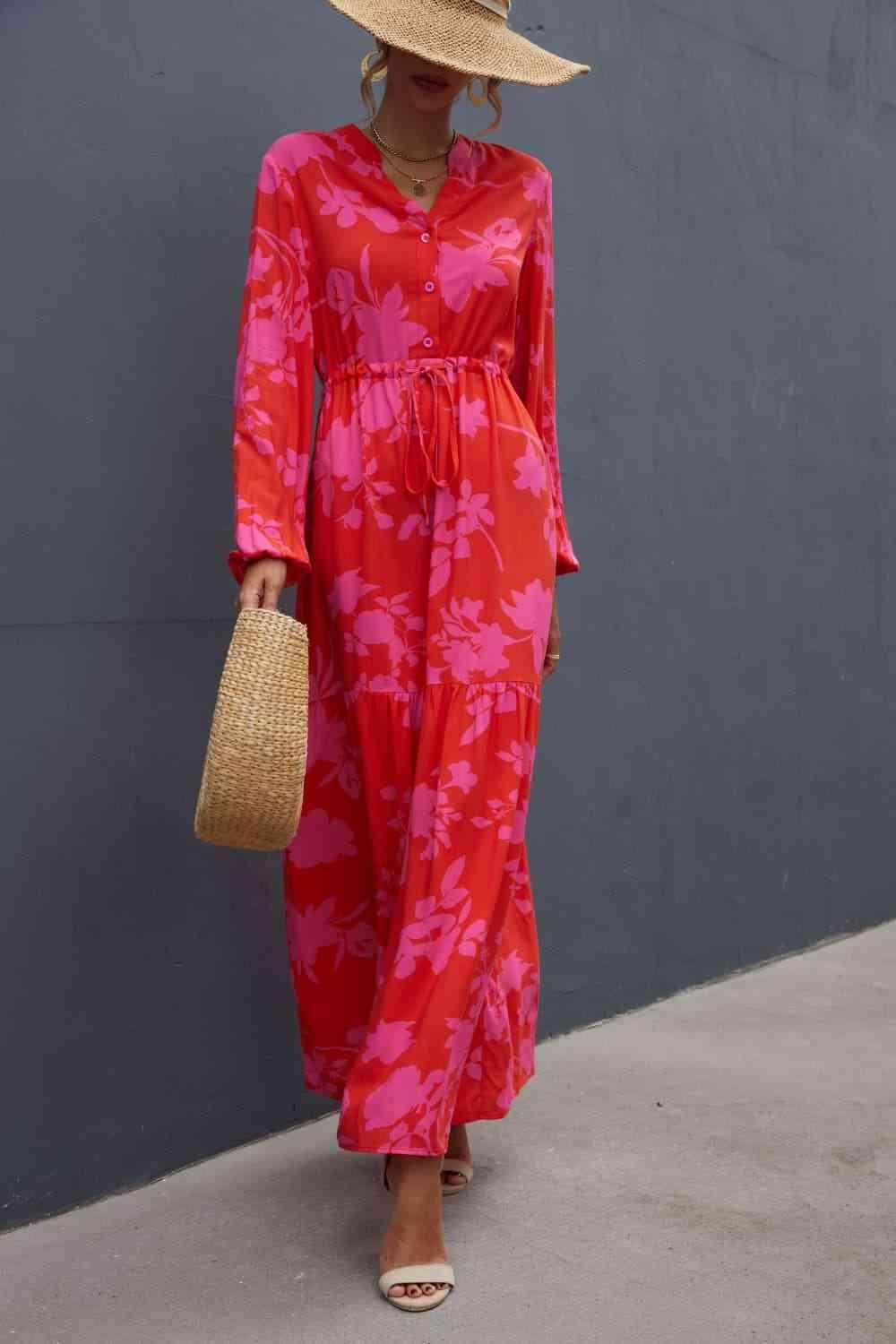 Floral Drawstring Waist Long Sleeve Dress for Women