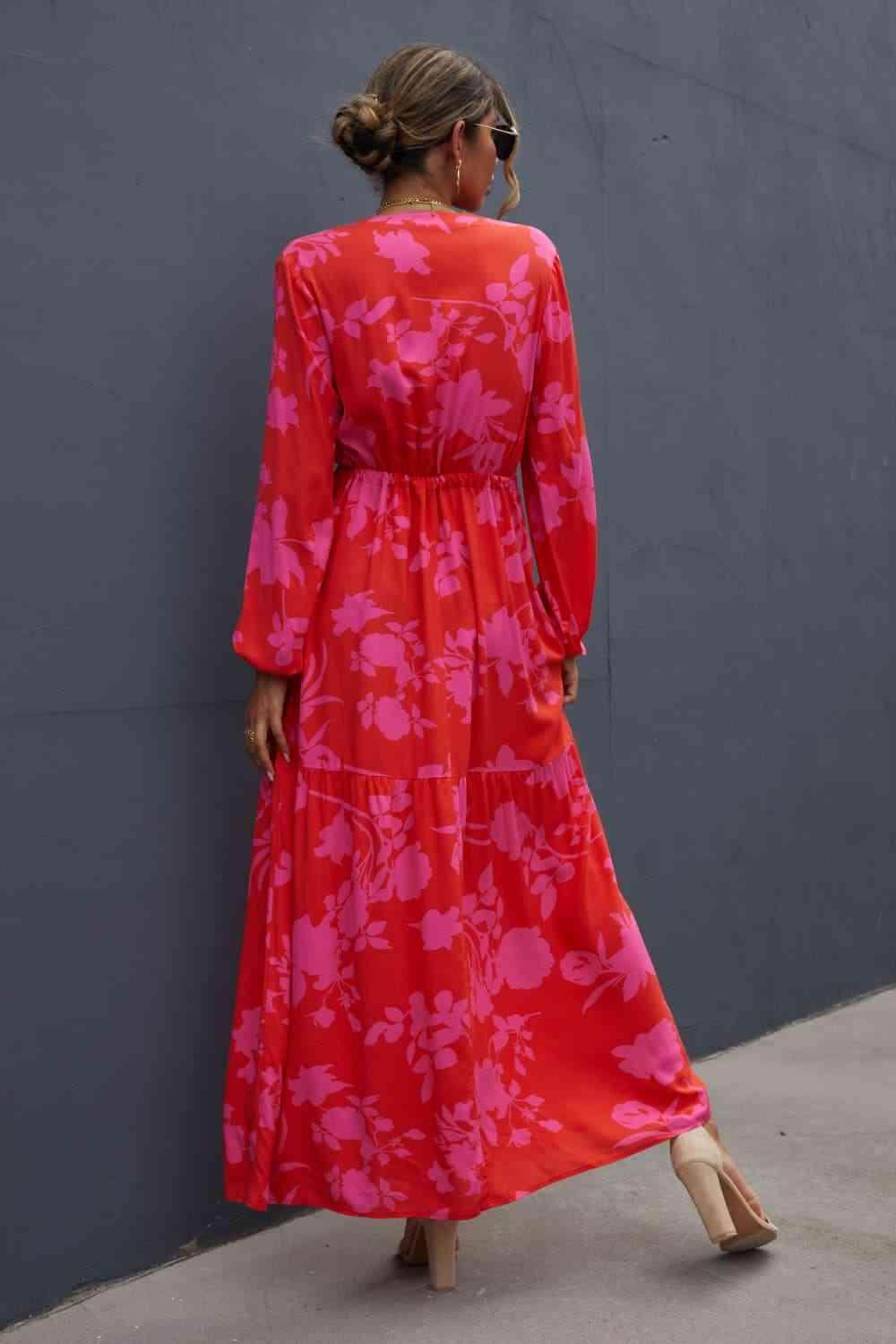 Floral Drawstring Waist Long Sleeve Dress for Women