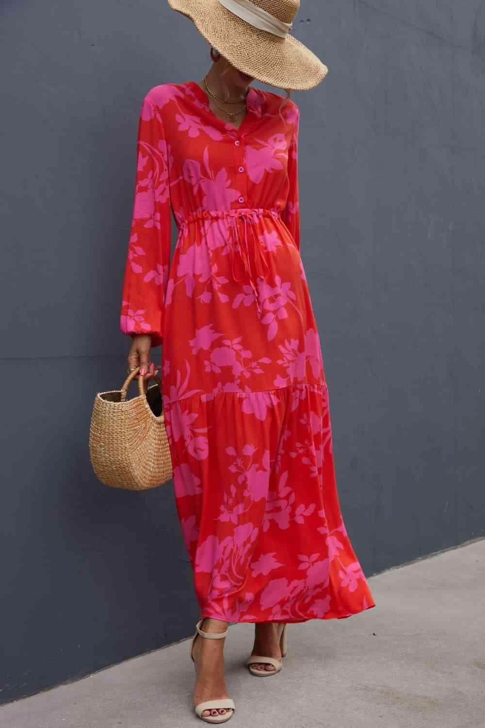 Floral Drawstring Waist Long Sleeve Dress for Women