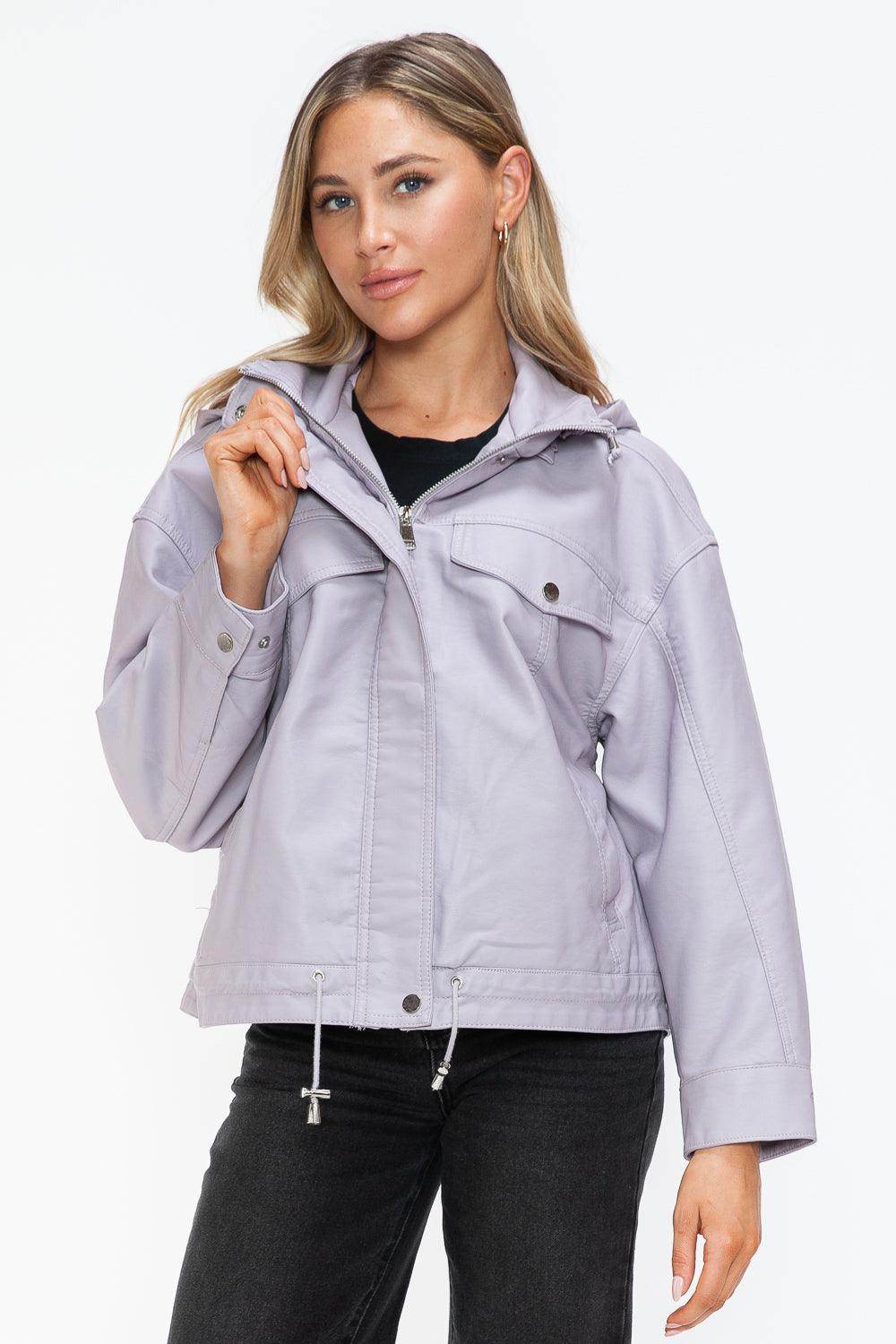 How Dare U Drawstring Hem PU Leather Zip Up Jacket Women
