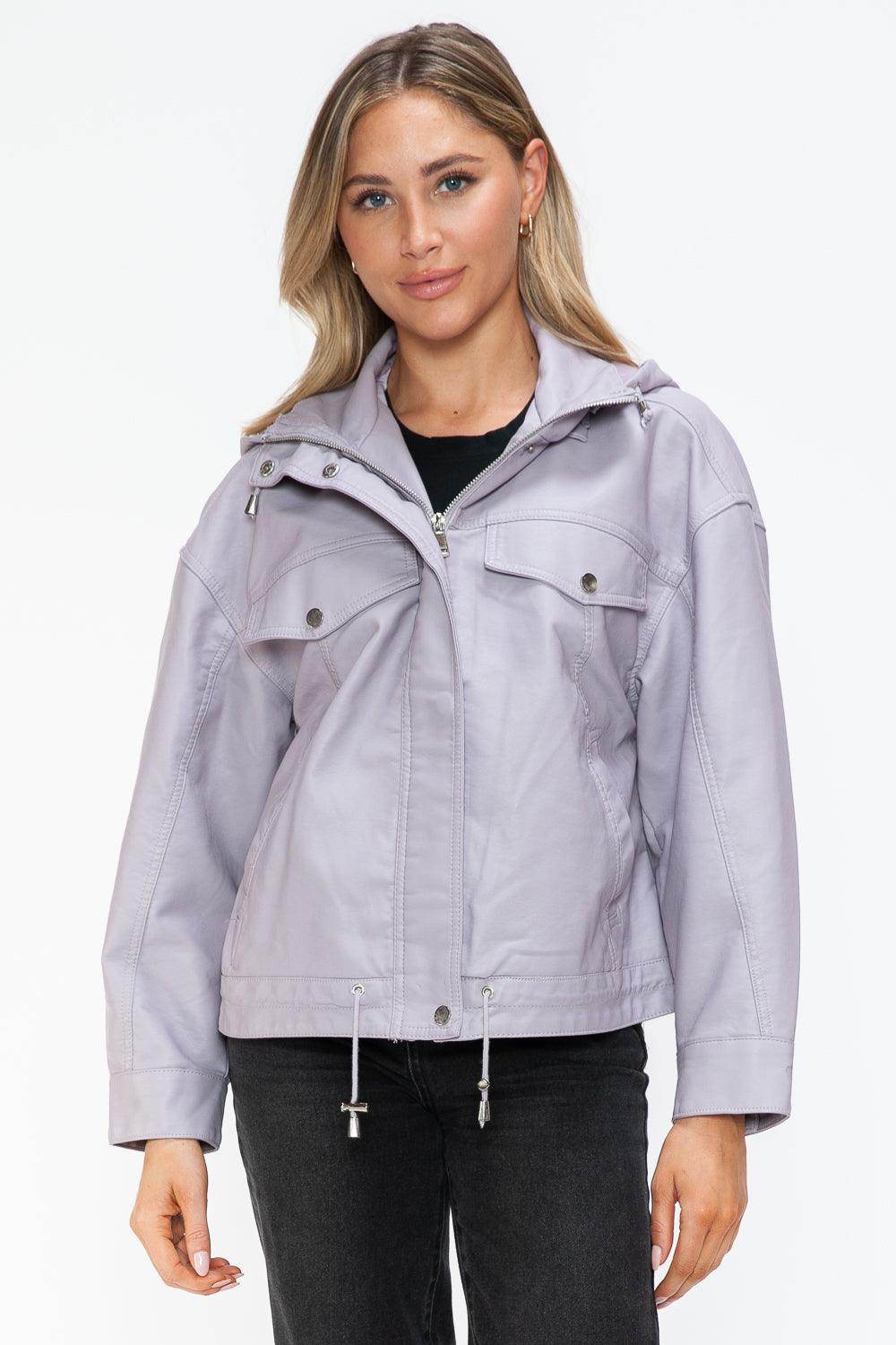 How Dare U Drawstring Hem PU Leather Zip Up Jacket Women