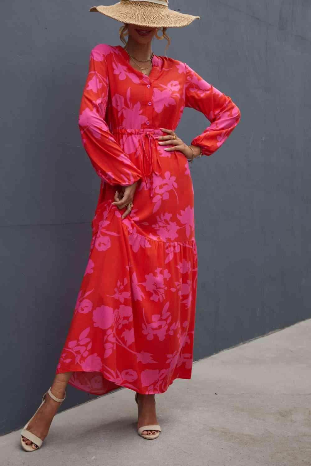 Floral Drawstring Waist Long Sleeve Dress for Women