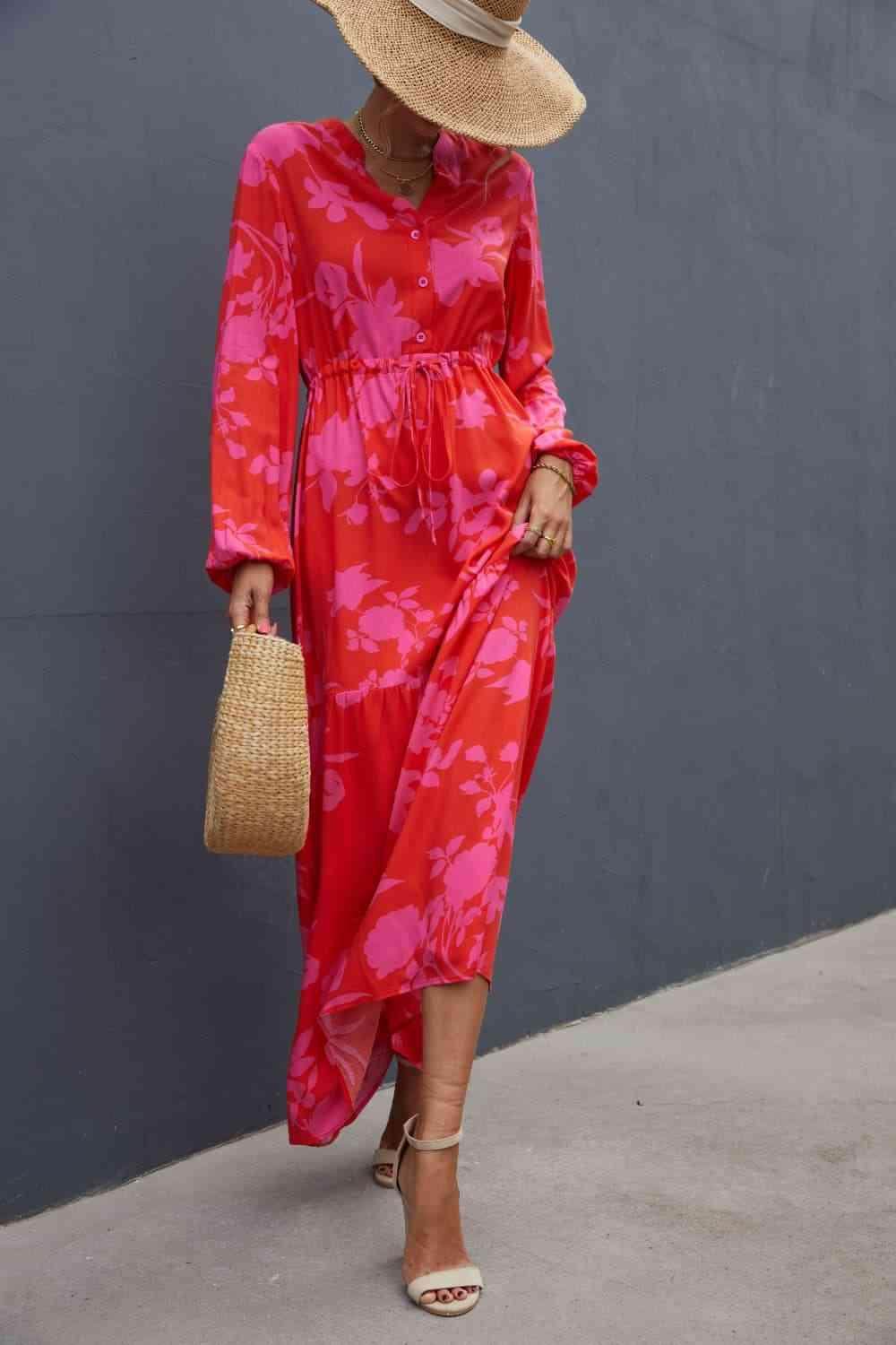 Floral Drawstring Waist Long Sleeve Dress for Women